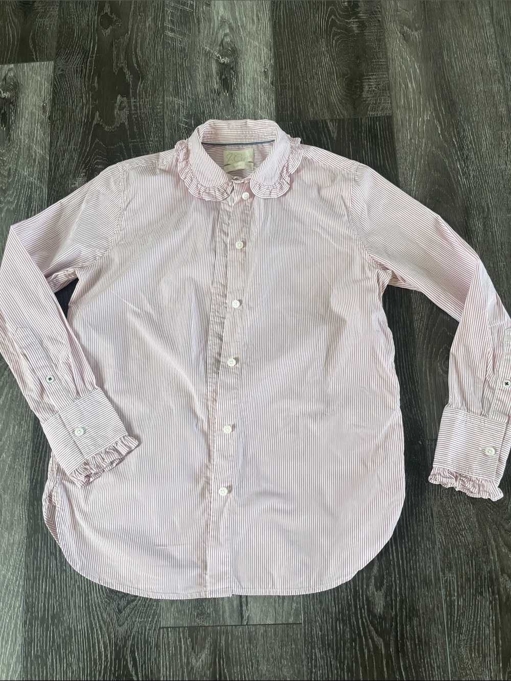 Women J Crew Pink Stripe Ruffle-Collar Button-Up Shirt